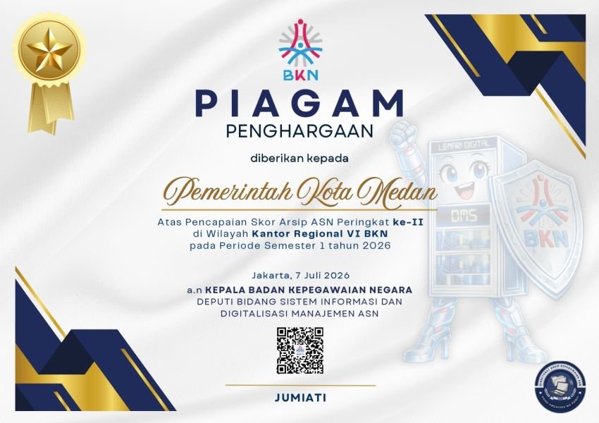 Pemko Medan Raih Penghargaan BKN atas Pengelolaan Arsip ASN Terbaik di Regional VI