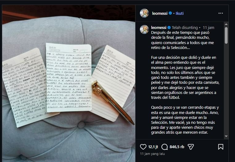 "Saya Pergi dengan Hati Tenang", Messi Resmi Pensiun Usai 21 Tahun Bawa Argentina ke Puncak Dunia