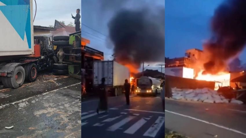 Truk Kontainer Rem Blong Sampai Terbakar, Kecelakaan Beruntun di Sibolangit Untungnya Tak Ada Korban Jiwa