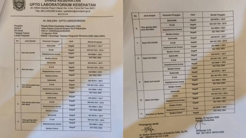 Viral Hasil Lab: Nasi, Ikan hingga Melon MBG Karo Positif 3 Bakteri Berbahaya Sekaligus