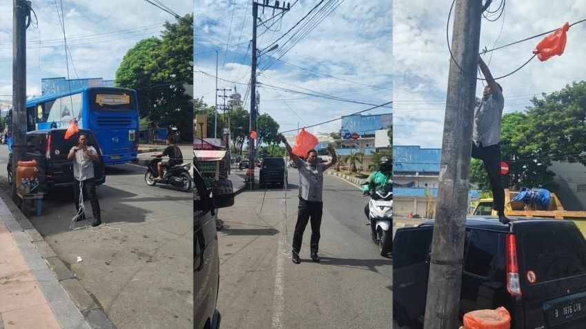 Bermodal Tali dan Kresek Merah, Polisi Banda Aceh Sigap Amankan Kabel Listrik yang Melintang di Jalan