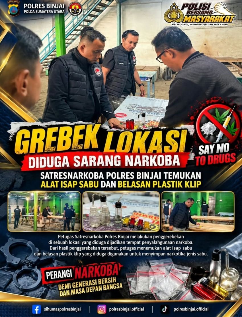 Gerebek Bangunan Diduga Sarang Narkoba di Binjai Kota, 30 Personel Gabungan Temukan 3 Alat Isap Sabu Tanpa Penghuni